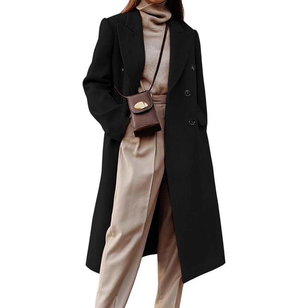 Women's Black Long Wool Coats Fall Winter Double Breasted Trench Coat
